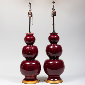Pair of Gourd Shaped Red Glazed Pottery Vases Mounted as Lamps