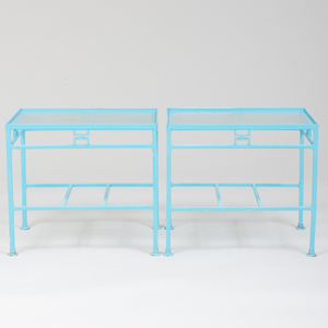 Pair of Blue Painted Metal and Glass End Tables