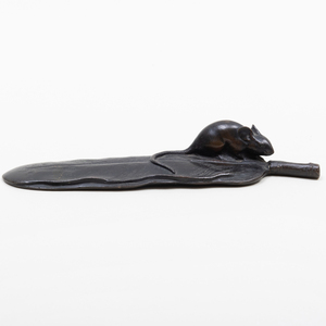 Japanese Bronze Model of a Mouse on a Feather