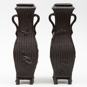 Pair of Japanese Patinated-Bronze Square Vases