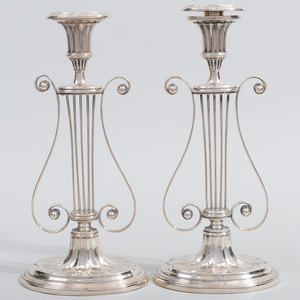 Pair of Edward VII Silver Harp Form Candlesticks