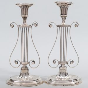 Pair of Edward VII Silver Harp Form Candlesticks