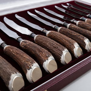 Two Sets of Asprey Antler Handle Steak Knives