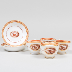 Set of Four English Sepia Decorated Porcelain Teacups and Two Saucers