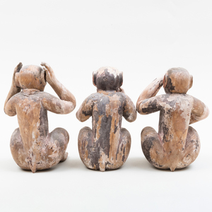 Three Japanese Polychromed Wood Sculptures of Monkeys 'Hear No Evil, Speak No Evil, See No Evil'