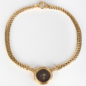 14k Gold Flat Cuban Link Necklace with Gold Mounted Coin