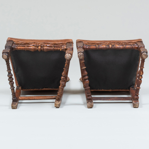 Pair of Flemish Baroque Walnut and Leather Upholstered Side Chairs