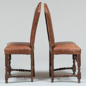 Pair of Flemish Baroque Walnut and Leather Upholstered Side Chairs