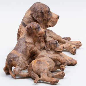 Carved and Painted Wood Mom and Puppy Group and a Dog Form Inkwell