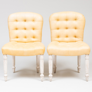 Set of Four George IV Style White Painted and Tufted Leather Upholstered Side Chairs, De Angelis