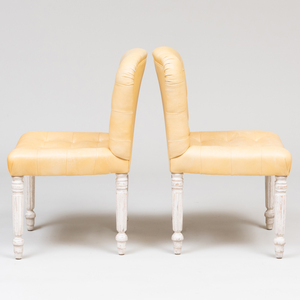 Set of Four George IV Style White Painted and Tufted Leather Upholstered Side Chairs, De Angelis