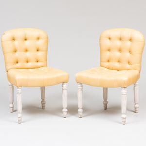 Set of Four George IV Style White Painted and Tufted Leather Upholstered Side Chairs, De Angelis