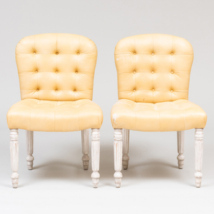 Set of Four George IV Style White Painted and Tufted Leather Upholstered Side Chairs, De Angelis