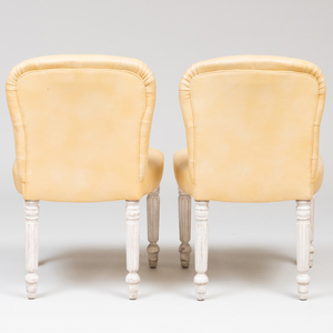 Set of Four George IV Style White Painted and Tufted Leather Upholstered Side Chairs, De Angelis
