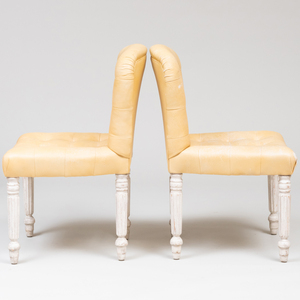 Set of Four George IV Style White Painted and Tufted Leather Upholstered Side Chairs, De Angelis