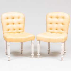 Set of Four George IV Style White Painted and Tufted Leather Upholstered Side Chairs, De Angelis