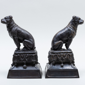 Pair of Victorian Bronze Models of Dogs on Tassel Cushion Stands