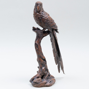 Carved Wood and Patinated Metal Model of a Parrot on a Tree Branch