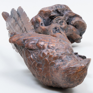 Carved Wood and Patinated Metal Model of a Parrot on a Tree Branch
