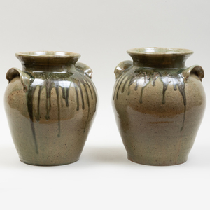Pair of Large Studio Green Glazed Pottery Jars