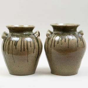 Pair of Large Studio Green Glazed Pottery Jars