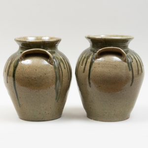 Pair of Large Studio Green Glazed Pottery Jars