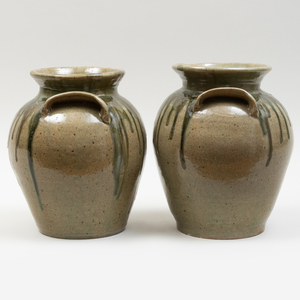 Pair of Large Studio Green Glazed Pottery Jars