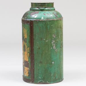 Green Painted Tôle and Parcel-Gilt Tall Storage Canister