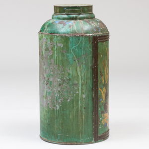 Green Painted Tôle and Parcel-Gilt Tall Storage Canister