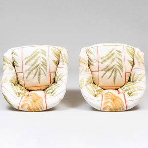 Pair of Cotton Upholstered Swivel Tub Chairs