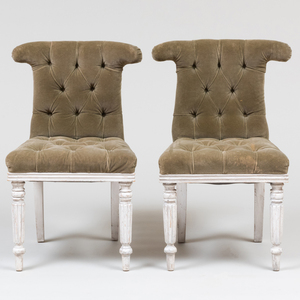 Pair of Regency Style Carved, White Painted and Tufted Velvet Upholstered Side Chairs