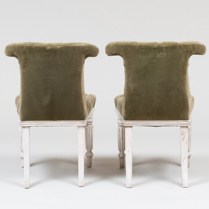 Pair of Regency Style Carved, White Painted and Tufted Velvet Upholstered Side Chairs