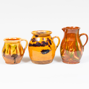 Group of Three Glazed Earthenware Pitchers and Two Jugs, Possibly American