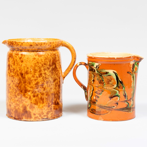 Group of Three Glazed Earthenware Pitchers and Two Jugs, Possibly American