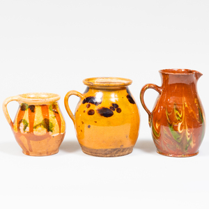 Group of Three Glazed Earthenware Pitchers and Two Jugs, Possibly American