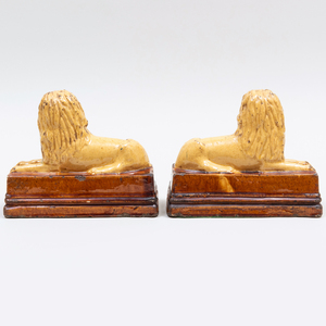 Pair of English Salt Glazed Earthenware Models of Lions