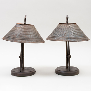 Pair of Cast Metal Star Form Lamps and Shades