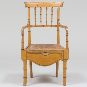 Regency Yellow Painted Faux Bamboo and Rush Commode Armchair