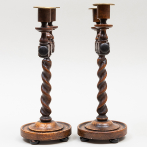 Pair of English Rustic Oak Barley Twist Two-Light Candelabra