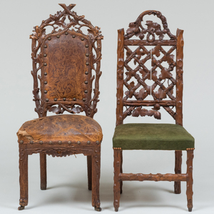 Victorian Faux Bois and Leather Upholstered Side Chair, Together with a Similar Rustic Carved Oak Side Chair