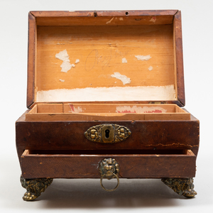 English Gilt-Metal-Mounted Leather Work Box and an Inlaid Table Casket