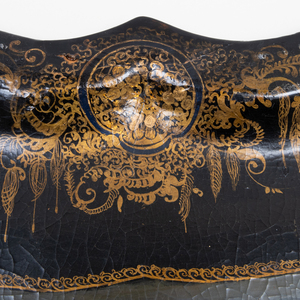 English Black Painted and Parcel-Gilt Papier Mâché Hunt Tray