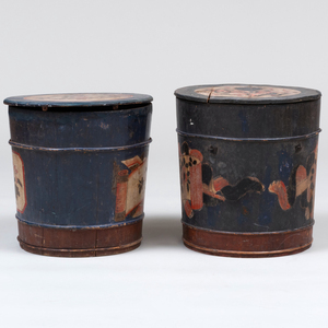 Pair of Provincial Blue and Polychrome Painted Pine Buckets