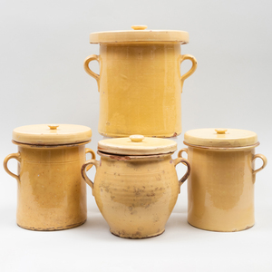Group of Four Glazed Earthenware Cannisters and Four Covers, Probably American 