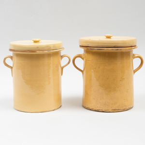 Group of Four Glazed Earthenware Cannisters and Four Covers, Probably American 