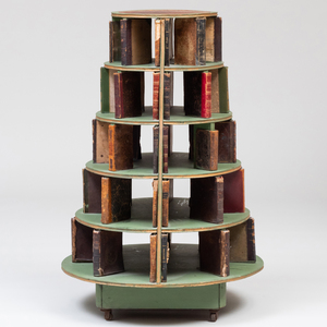Victorian Green Painted Pine and Leather Circular Six-Tier Bookcase