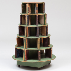 Victorian Green Painted Pine and Leather Circular Six-Tier Bookcase
