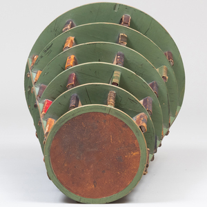 Victorian Green Painted Pine and Leather Circular Six-Tier Bookcase