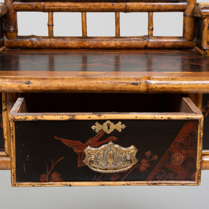Aesthetic Movement Bamboo, Black Japanned and Parquetry Dressing Table with Matching Side Chair
