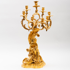 Louis XV Style Gilt-Bronze Eight-Light Figural Candelabra, Signed OL Carrier